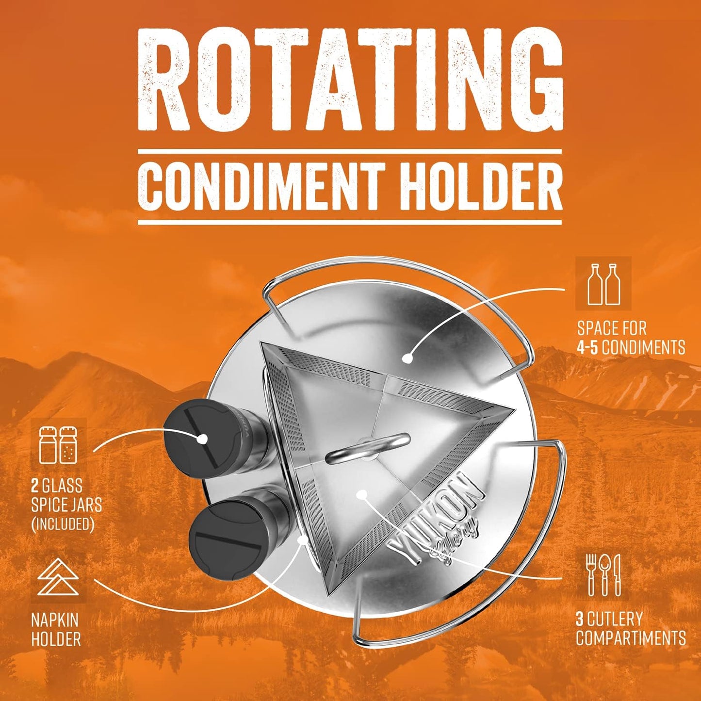 Yukon Glory Rotating Condiment Caddy | Commercial-Grade Stainless Steel | 360-Degree Rotation | 2 Glass Salt & Pepper Shakers | Carry Handle | Patent Pending | Outdoor Grill & Patio