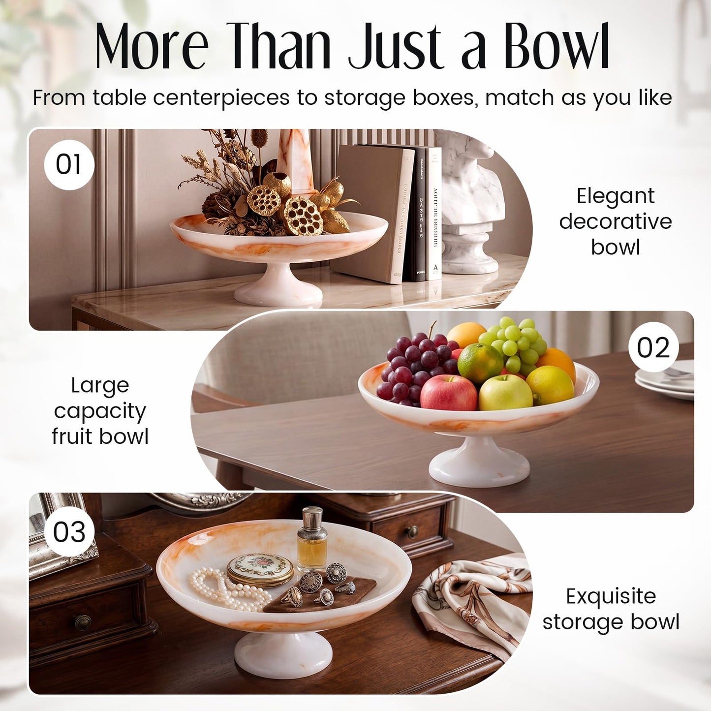 Singhoow 10 Inch Marble Fruit Bowl for Kitchen Counter Resin Large Decorative Bowls with Pedestal for Home Entryway Kitchen Storage Dining Table Centerpiece House Warming Gifts