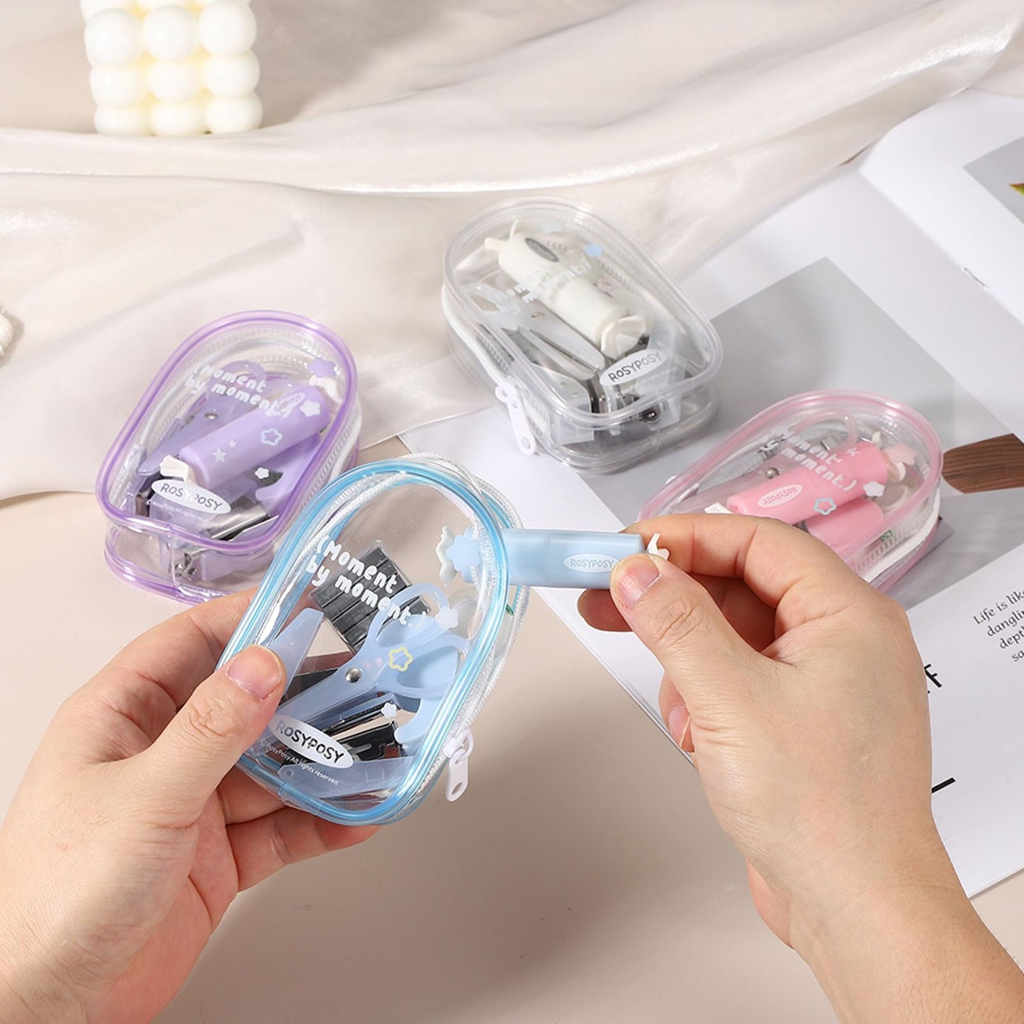 PATIKIL 2 Pack Office Supplies Set, 7pcs Desk Supplies Set Stapler Tape Dispenser Scissors Accessories Kit Mini Office Supply Kit Cute Small for Desk Women Organizer, Pink Purple