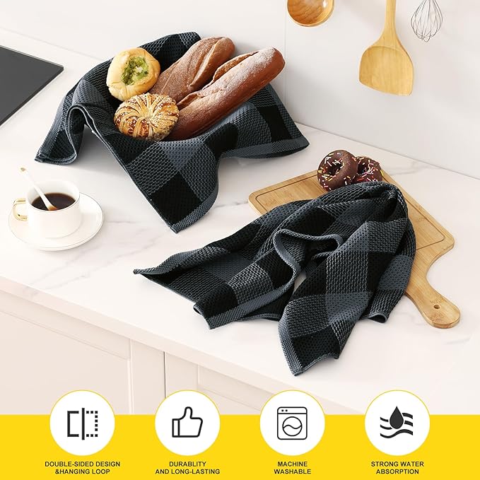 Homaxy 100% Cotton Waffle Weave Check Plaid Kitchen Towels, 20 x 28 Inches