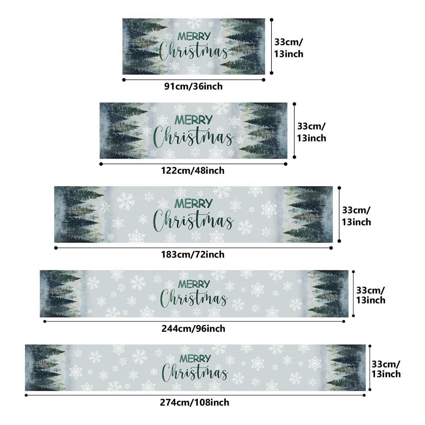 VIV CHERBL Christmas Table Runner with Snowy Forests, Merry Christmas Text & Snowflakes, Table Decoration for Dining Party and Home Decor,72x13 inches