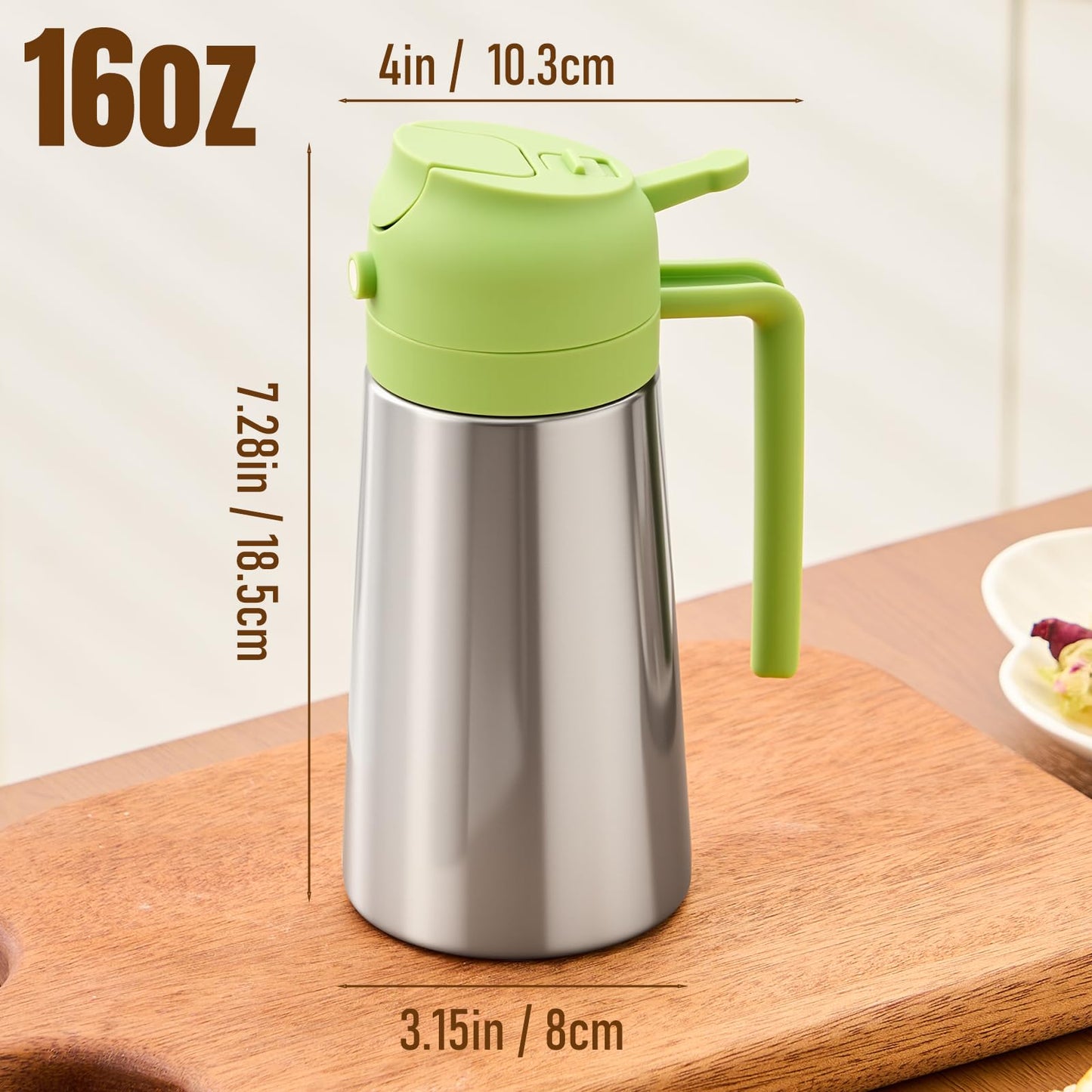 PARACITY Oil Dispenser Bottle with Stainless Steel Shell & Ceramic Sprayed Interior, 2 in 1 Olive Oil Sprayer and Dispenser, Oil Spray Bottle for Cooking, Kitchen, BBQ, Air Fryer, Salad, Baking(Green)