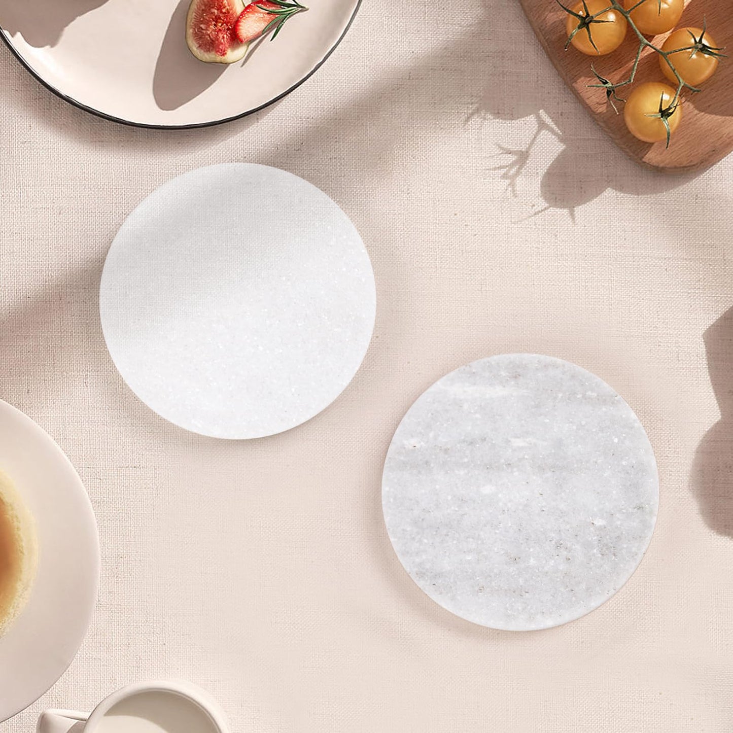White Marble Coasters with Bling Particles, Set of 4 - Natural Marble Stone Drink Coaster with Protective Silicone Feet, 4 inch Diameter, 0.4 inch Thick - Heat-Resistant Coasters for Coffee Table
