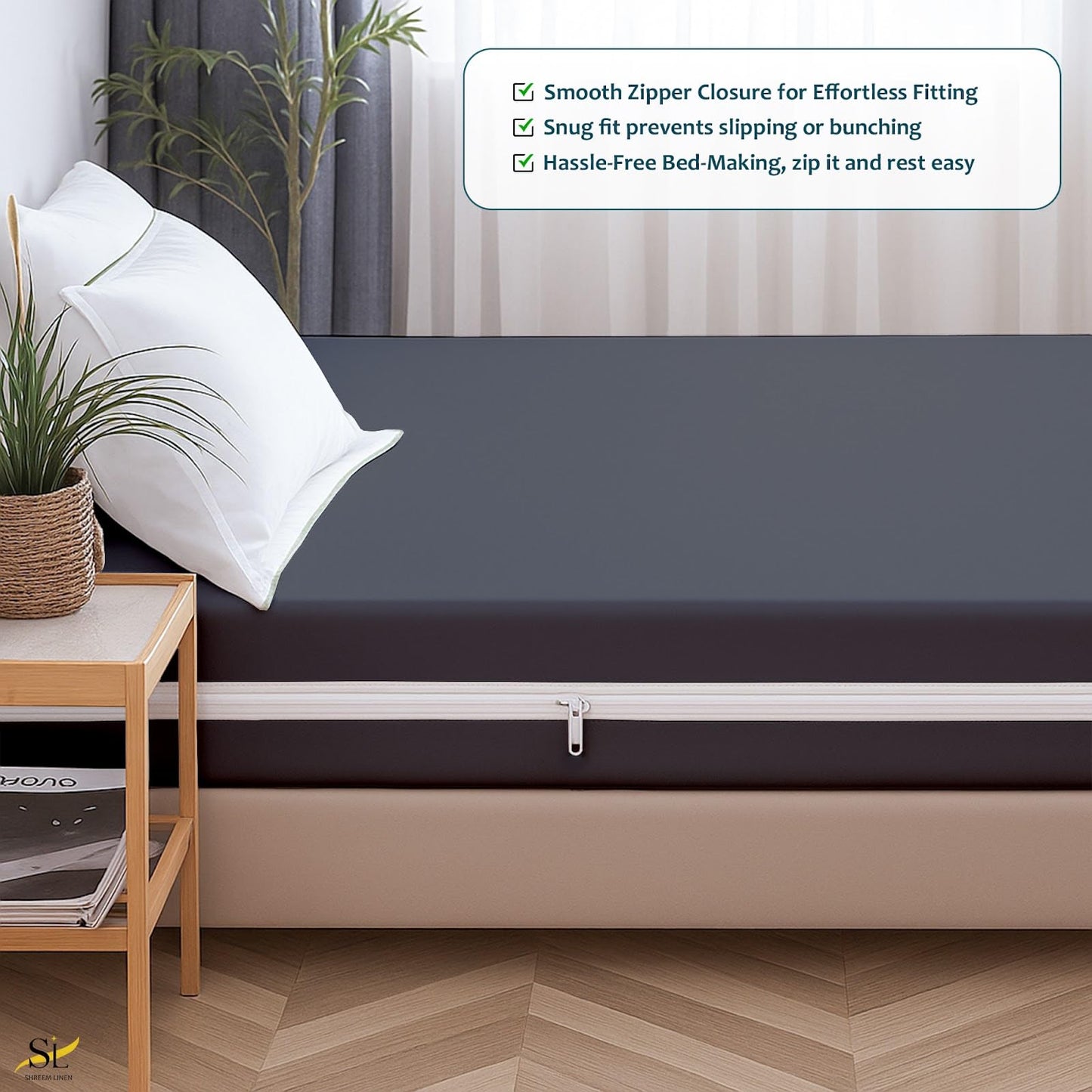 Mattress Protector Queen Size 100% Waterproof Zippered Cover, 15 Inches Deep, Six-Sided Mattress Encasement for Bed, Zipper Closure Style (Dark Grey)