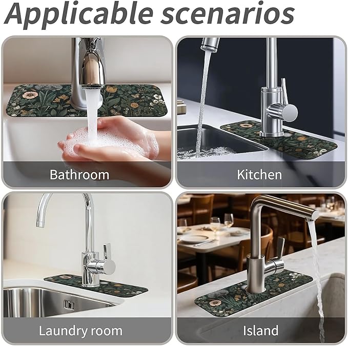 Kitchen Sink Splash Guard，Dark-green black flowers Faucet Mat Sink