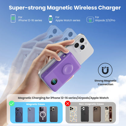 Magnetic Portable Charger 10800mAh for iPhone with Built-in Cables, 6-in-1 Wireless Power Bank with iWatch Charger, LCD Display 25W PD Fast Charging Battery Pack for iPhone 16/15/14/13/12, Apple Watch