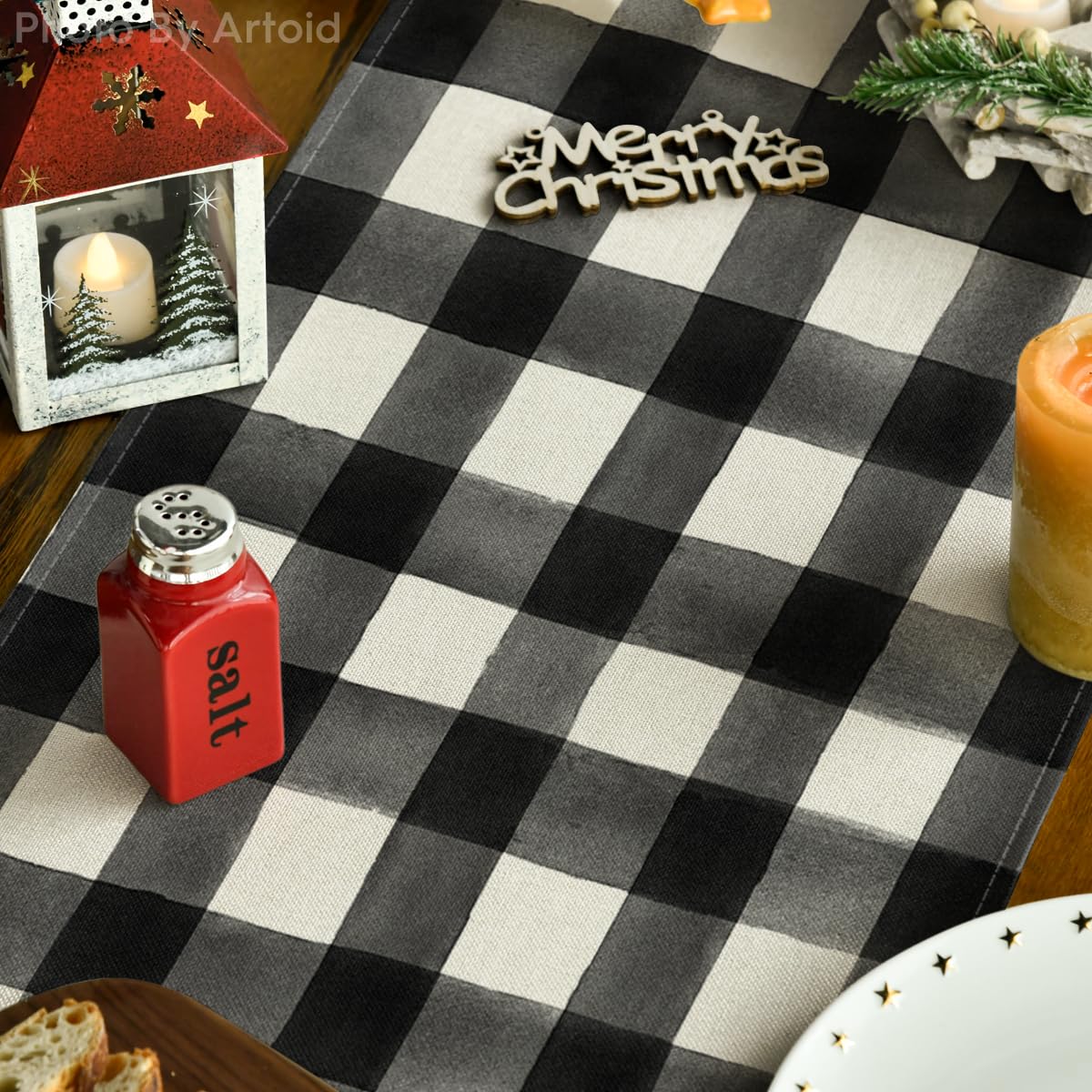 Artoid Mode Buffalo Plaid Merry Christmas Tree Table Runner, Seasonal Truck Gifts Kitchen Dining Table Decoration for Outdoor Home Party 13x72 Inch