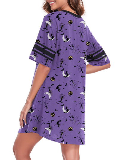 REGAI Women's Nightgown Short Sleeve V Neck Nightshirt Casual Sleepwear, Halloween Purple, XXL