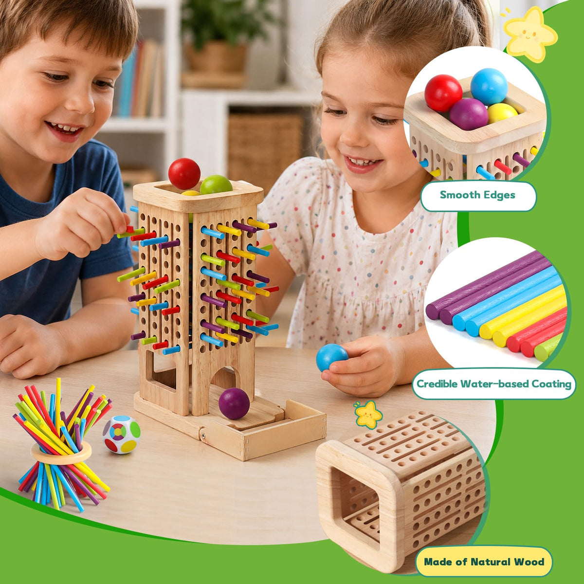 Montessori Toys for 3 Year Old, Wooden Board Game Pick Up Sticks Ball Drop