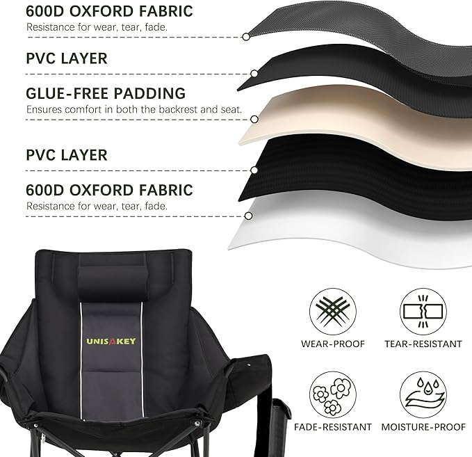 Oversized Rocking Camping Chair with Headrest & Cup Holder - 400lbs Capacity, 600D Oxford Fabric, Easy Fold Portable Outdoor Rocker Chair for Camping, Backyard, Beach, Deep Gray