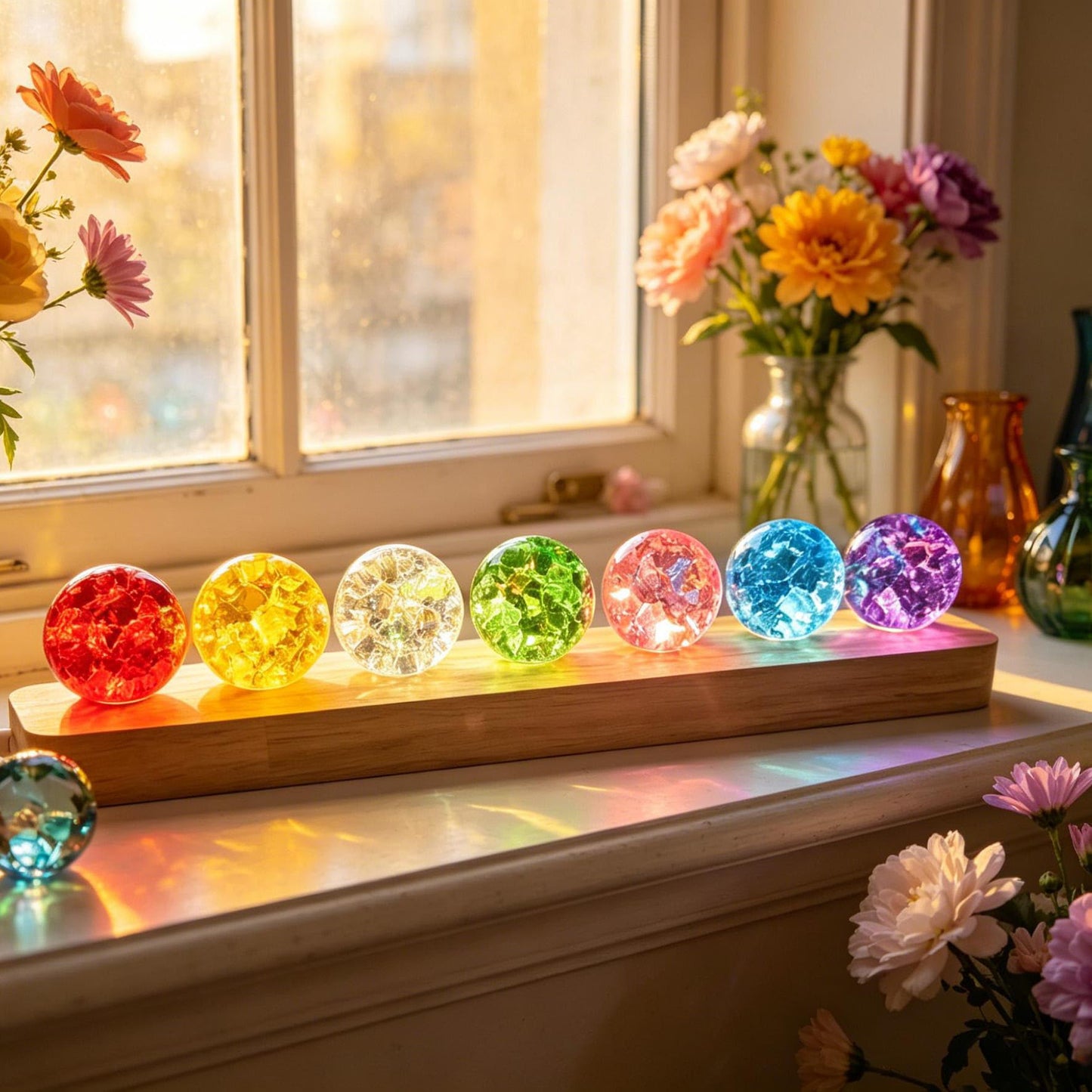 40mm 7 Colors Ice Cracked Glass Crystal Chakra Balls with LED Wooden Base