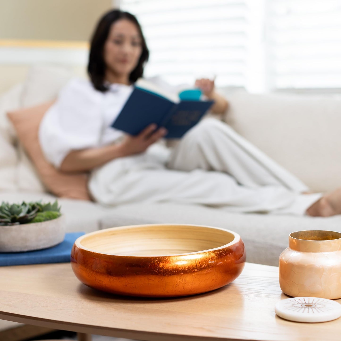 LEXA 12" Handmade Copper Bamboo Wooden Fruit Bowl for Kitchen Counter - 130 oz Lightweight Large Bamboo Wood Salad Bowl