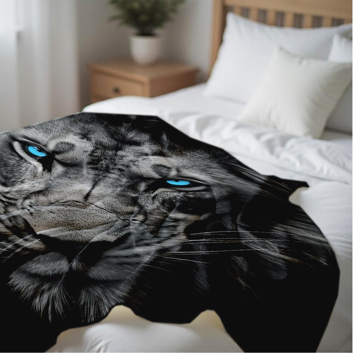 HUNXIAOJ Printed Bed Blanket Black and Blue Wild Animal Throw Lion Flannel Blankets Queen Size Blankets for Men Boy Bed Sofa Office Chair Blanket (49"x59")