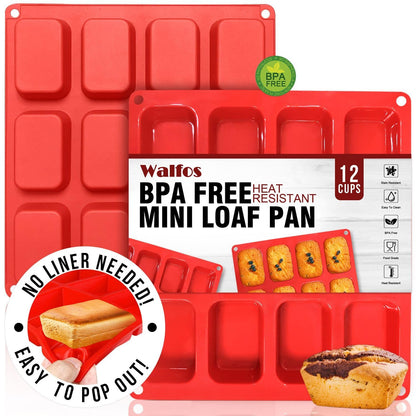 Walfos Silicone Mini Loaf pan, 12 Cavities Mini Bread Pan Brownie Pan, Food Grade & Non-Stick, Ideal for Mini Bread, Brownie, Cornbread, Cheesecake & Chocolate, Set of 2