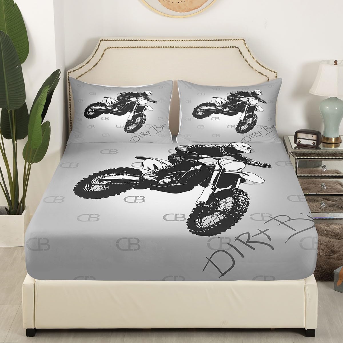 Feelyou Extreme Sports Fitted Sheet Motocross Rider Bedding Set Motorcycle Pattern Design Bed Sheet Set for Boys Kids Room Decor Gray Dirt Bike Bed Cover Twin Size with 1 Pillow Case
