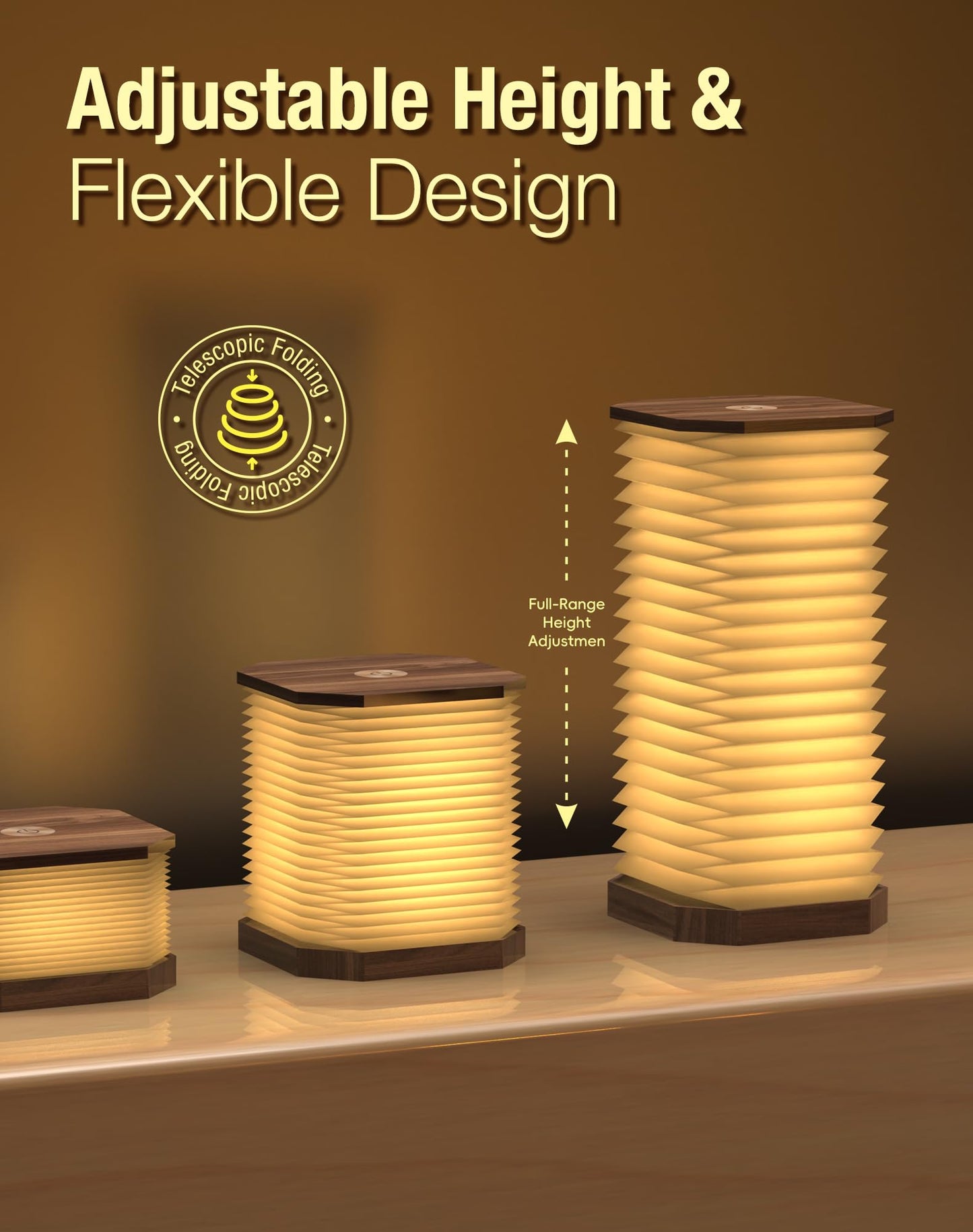 ZBOLE Bedside Table Lamp for Bedroom, Vertical Accordion Lamp with Warm Light, Adjustable Height & Brightness, USB Charging, Study Reading Light for Living Room, College Dorm, Home, Office