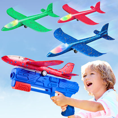 Neoot Toy Airplane, 3 Pack Airplane Launcher Toy 2 Flight Mode Glider LED Foam Glider Plane Outdoor Toys for Kids Ages 3 4 5 6 7 8 9 10 11 12 Year Old Boys Birthday Gift, Educational Flying Kids Toys