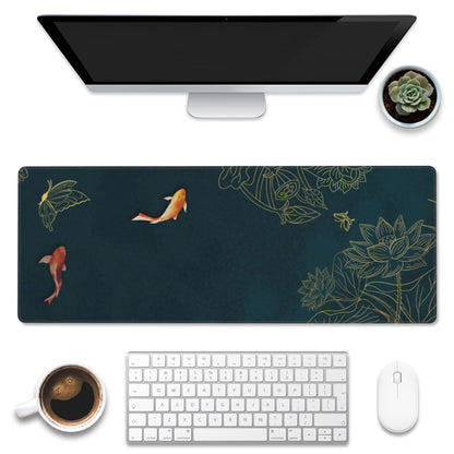 Eflxamz Large Gaming Mouse Pad, Koi Fish Ink Painting Desk Mat, Golden Line Lotus Desk Pad, Extended Big Computer Keyboard Mouse Pad with Non-Slip Base and Stitched Edge, 31.5"x11.8"
