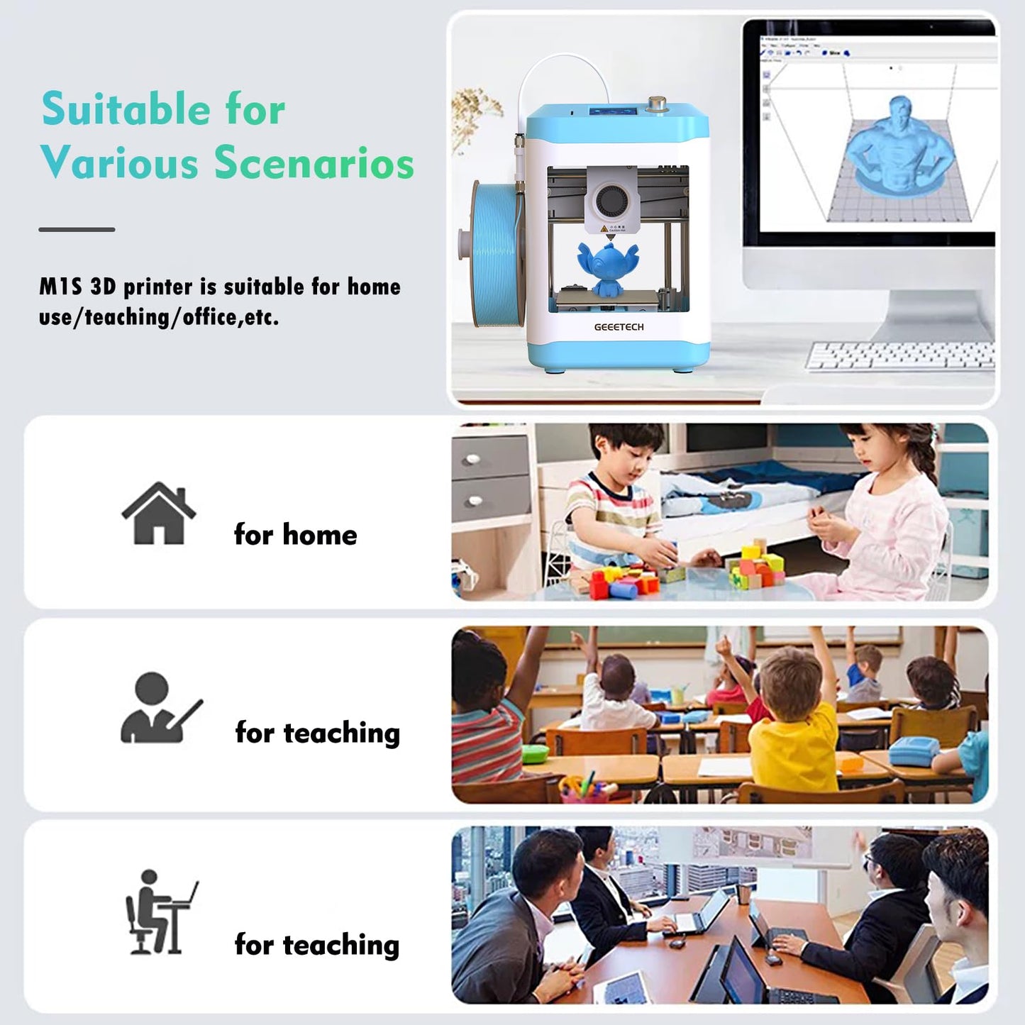 Geeetech Smart 3D Printer for Kids and Beginners, WiFi Mini 3D Printers with App Control, High Speed and Quality Printing, Fully Assembled and Auto Leveling, Blue (Blue)