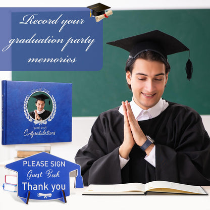 Pasimy Leather Graduation Guest Book with Grad Stand and Signature Pen 2026 Guest Sign in Book Grad Memory Registry Guestbook for College High School Graduation Party Gifts Supplies(Blue Silver)