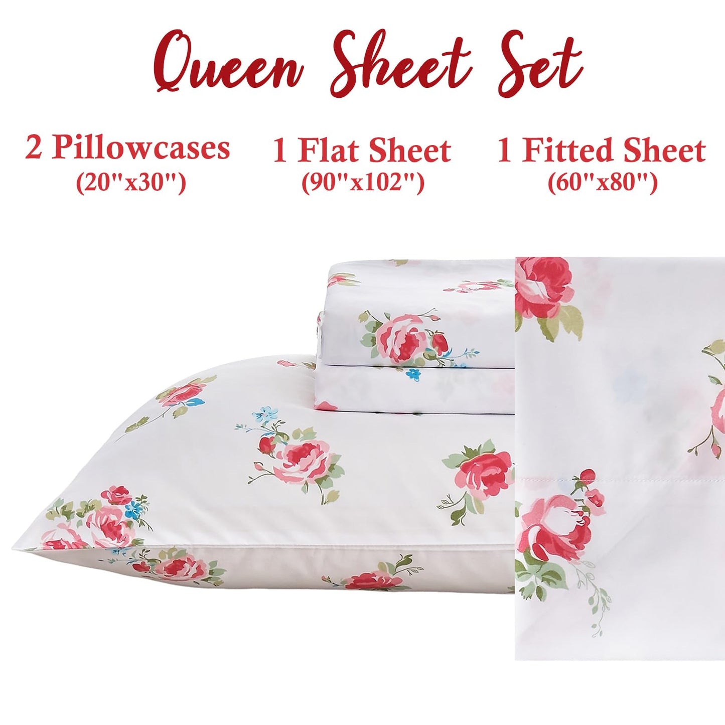 MICORAL Floral Queen Sheet Set, 4-Piece Printed Bed Sheets, 16" Deep Pocket, Ultra Soft & Cooling Sheet, Oeko-TEX Certified, Garden Rose