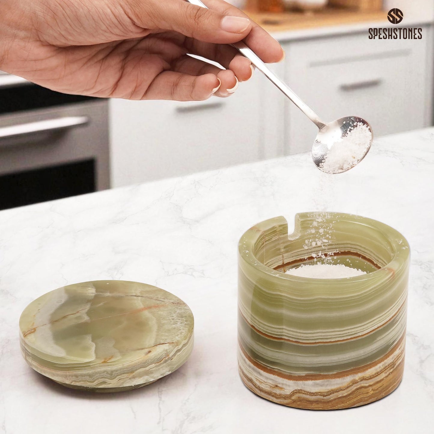 SPESHSTONES Marble Salt Cellar Green Onyx 3 Inch Handmade Stone Salt Containers for Countertop, 5.2 oz Sugar Jar with Lid and Spoon, Salt Bowl, Marble Salt Holder to Store Table & Flaky Salt