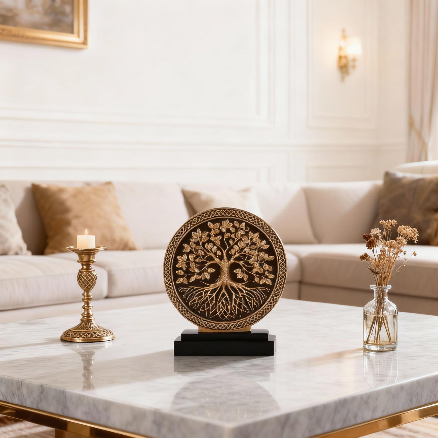 DOVDOV Abstract Circular Tree of Life Decorative Sculpture, Black and Gold Home Decor, Modern Art Home Accent Suitable for Office Shelves, Coffee Tables, and Above Cabinet Decorative Statue.