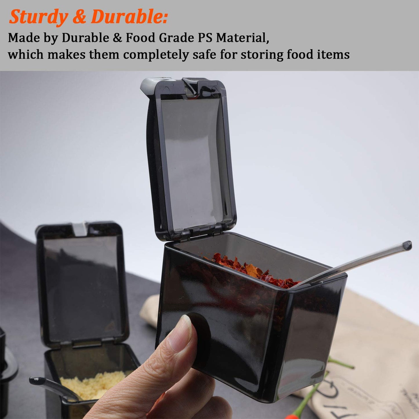 V·RESOURCING [ New Version Elegant Black Seasoning Box, 4 Pieces Seasoning Storage Container Cruet for Home Kitchen,Condiment Jars with Cover and Spoon for Pepper Spice Salt Sugar Storage