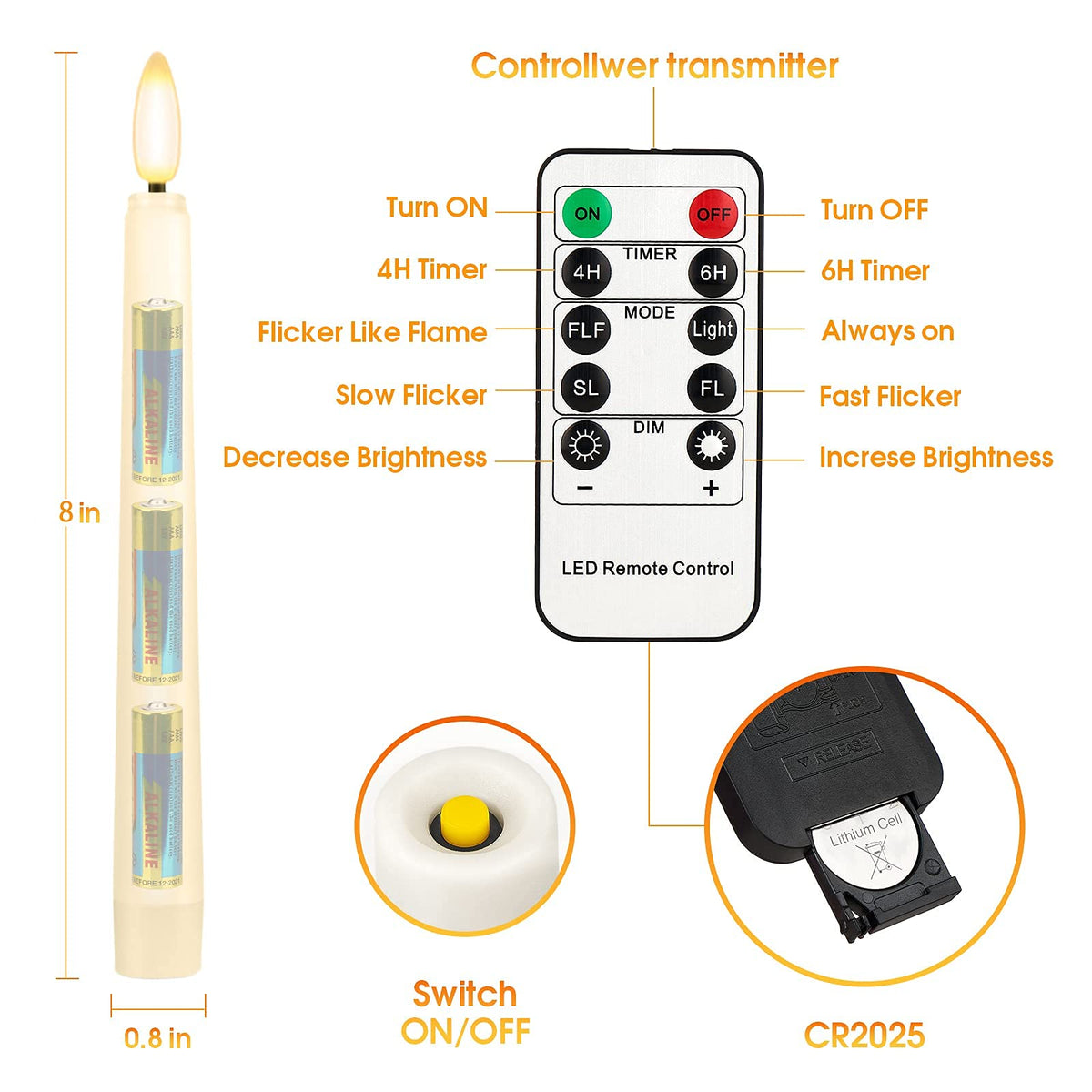 FPOO 8PCS Flameless Flickering Taper Candles with 2 Remote Control and Timer, 8 Inch 3D Wick Floating Flickering Flame, Battery Operated LED Window Candle Lights, Christmas Home Wedding Decor (Ivory)