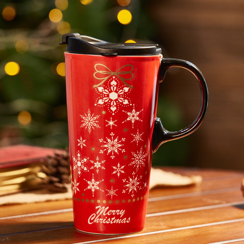 Topadorn Christmas Ceramic Mug Coffee Cup with Sealed Lid and Matched Gift Box Latte Mug 17oz(Snowflake)