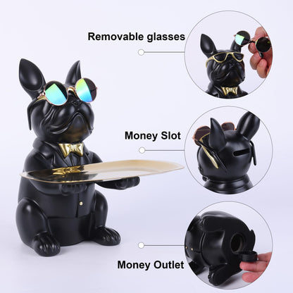 suruim French Bulldog Gifts Key Holder Candy Dish Tray Home Decor Resin Butler Statue Key Bowl Entryway Table Frenchie Dog Sculpture Dining Table Decor Office Small Object Tray (Black)