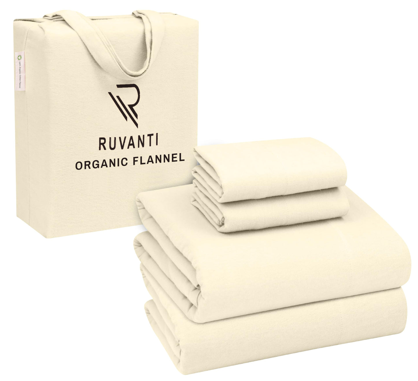 RUVANTI Flannel Sheets Queen Size - GOTS Certified 100% Organic Cotton, 4 Piece Warm, Soft & Breathable Set, Deep Pocket Snug Fit, Double Brushed Cozy All Season Bedding, Winter White