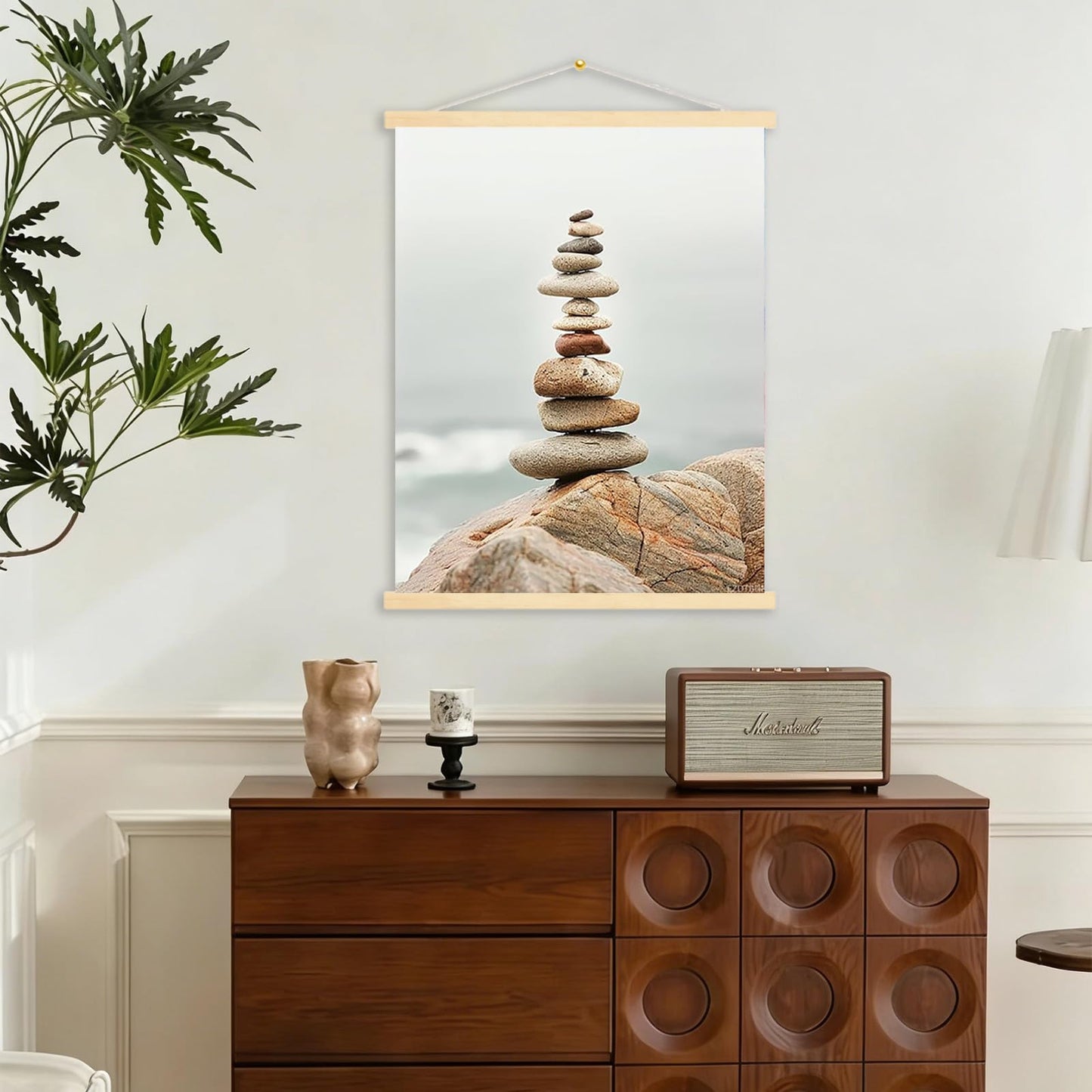 FZDTBHI Tall Zen Rock Stack Wall Art Minimalist Coastal Canvas Poster with Balanced Stones and Misty Horizon for Meditation Focus or Yoga Studio Decor 12x16inch Framed