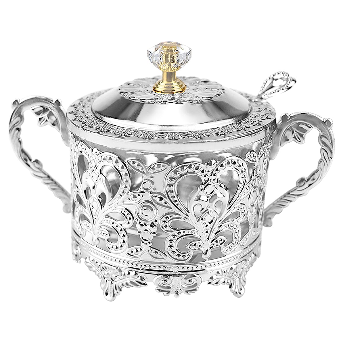 LCJAOF Glass Sugar Bowl with Lid and Spoon Vintage Kitchen Food Canister Condiment Pot Storage Jar Seasoning Containers for Home Restaurant Kitchen（Silver）