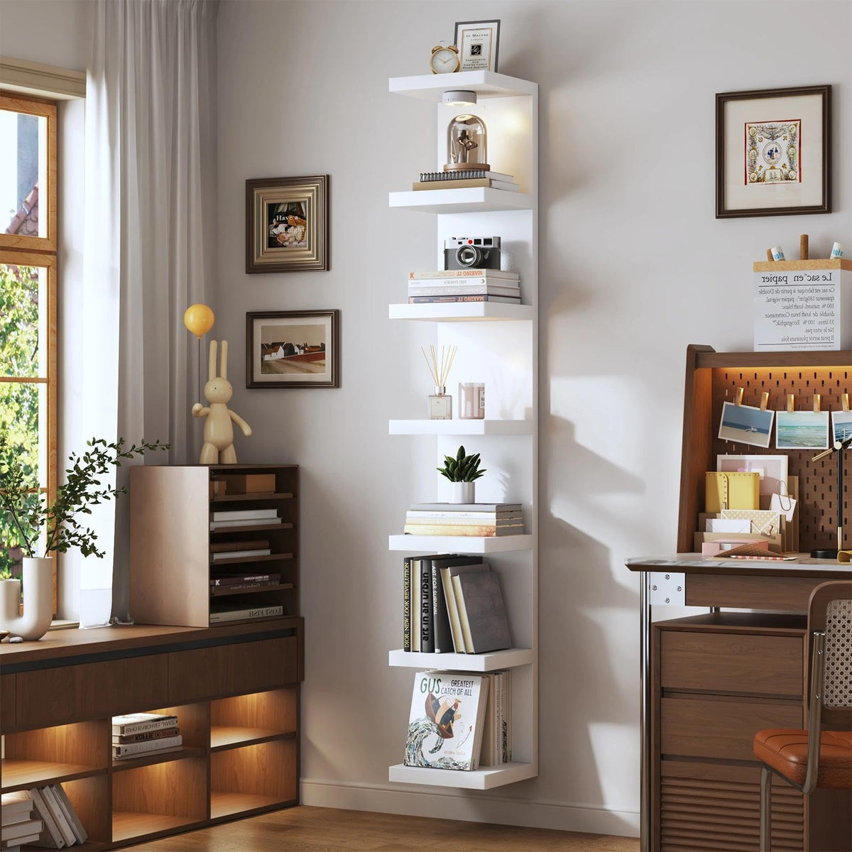 White 7-Tier Vertical Wall Shelf Unit with USB Rechargeable Led Light (Remote Controlled),Versatile Floating Display Shelves,Lack Style Wall Shelves for Bedroom,Living Room,Office Decor,Vanity