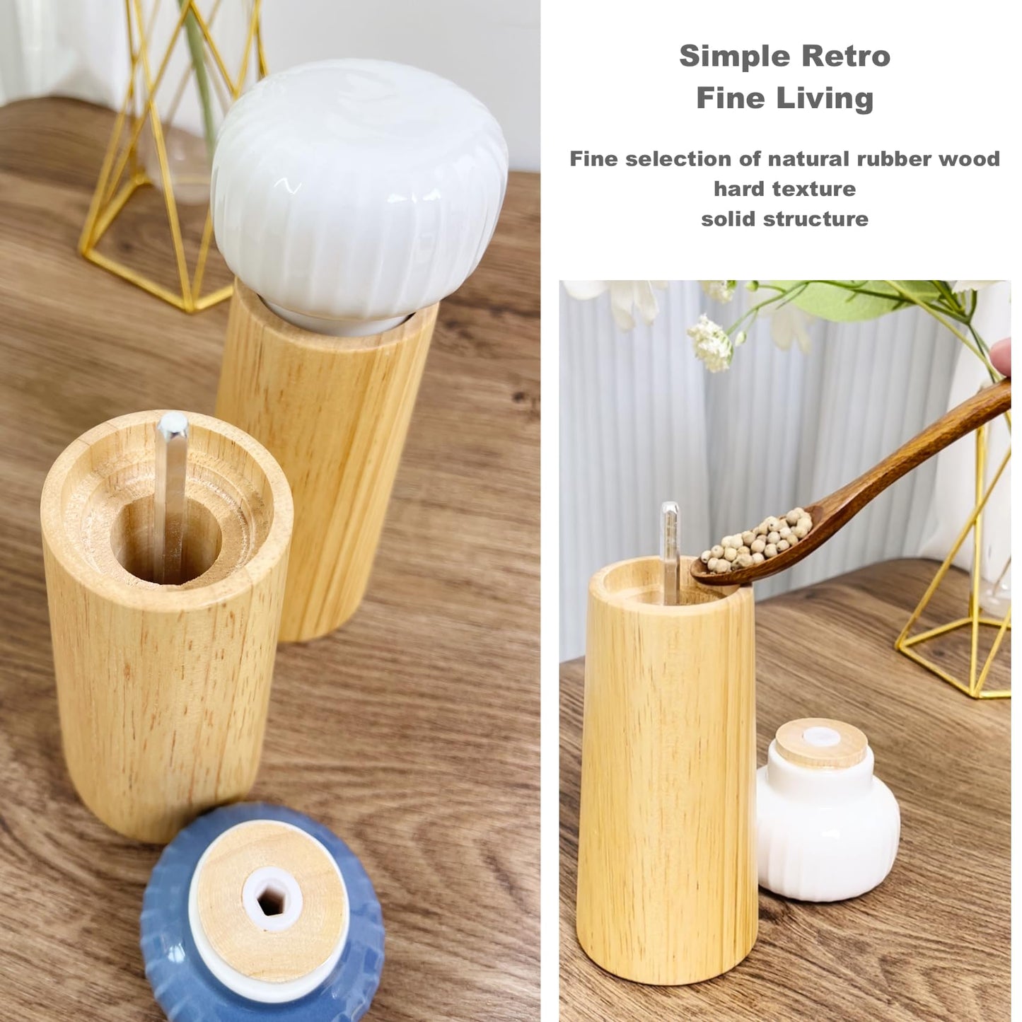 GCFTIFF Wooden Salt and Pepper Grinder Set,Wooden Spoon,Ceramic lid Pepper Mill with Adjustable Coarse Mills,Refillable for Sea Salt & Black Pepper (6.9 inch,2 pcs Indigo blue + white)