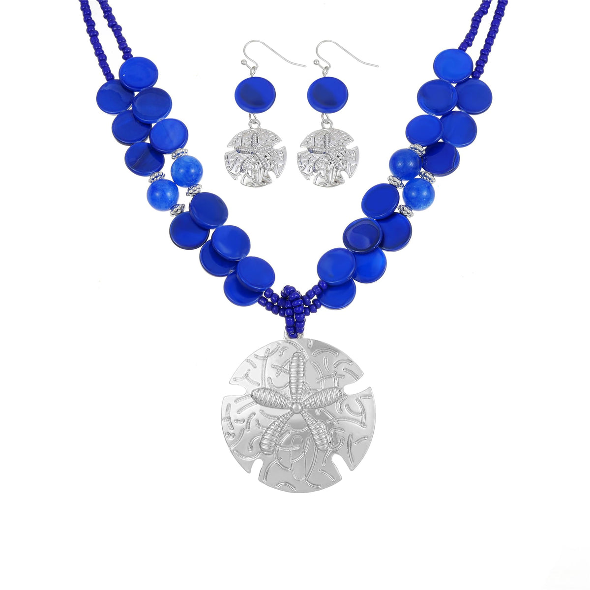 Perla Boho Starfish Necklace for Women, Chunky Layered Shell Beads Choker Necklace and Earrings Set, Ocean-Themed Summer Beach Jewelry (Blue)