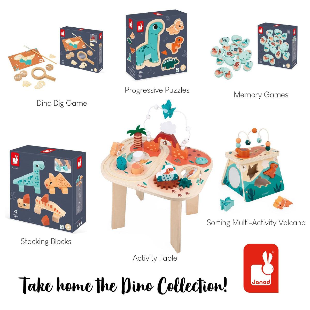 Janod Dino - Dinosaur Shape Sorter Wood Multi-Activity Volcano - 5 Activities in One - Ages 12 Months- 3 Years - J05827