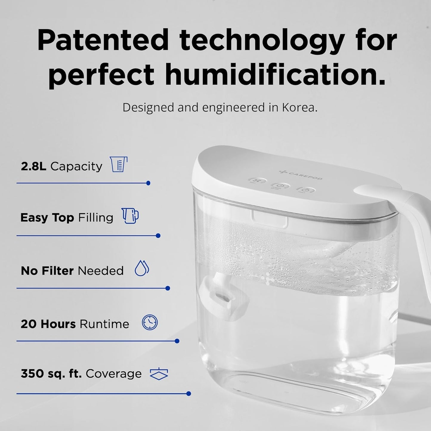 Carepod Mini Ultrasonic Cool Mist Humidifier for Bedroom, Quiet & Safe for Baby, Transparent, Only 3 Washable Parts & Easy to Clean, Filter-Free, Automatic Shut-off, Lasts 20Hrs (0.74Gal/2.8L)