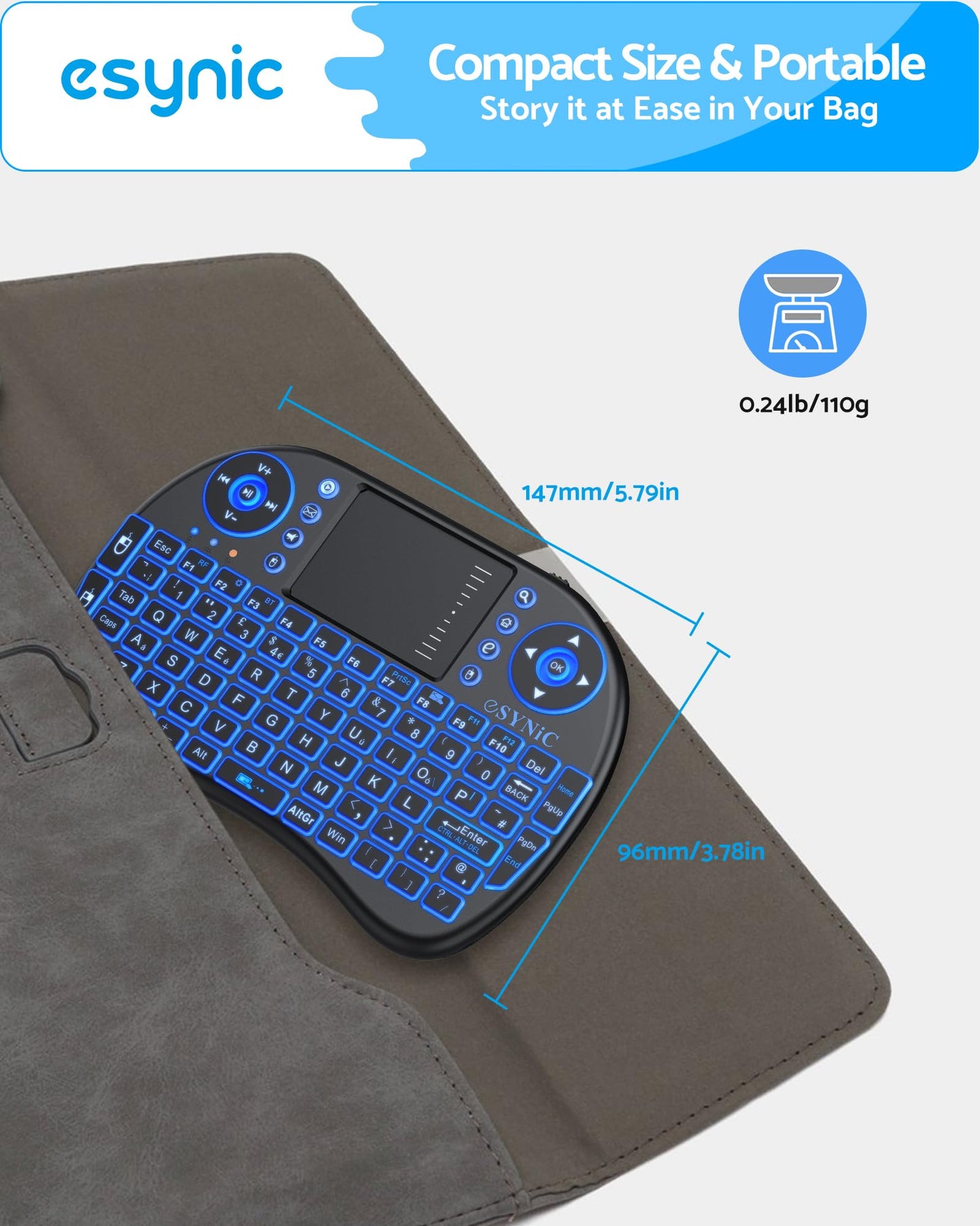 eSynic Upgraded Backlit Keyboard Wireless Bluetooth 2.4GHz Keyboard Touchable Portable with Touchpad Mouse and Built-in Rechargeable Battery For Google Smart TV Android Box Windows Laptop