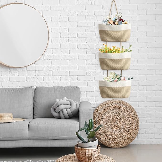 TeoKJ Over the Door Hanging Basket, 3-Tier Woven Cotton Wall-Mounted Storage