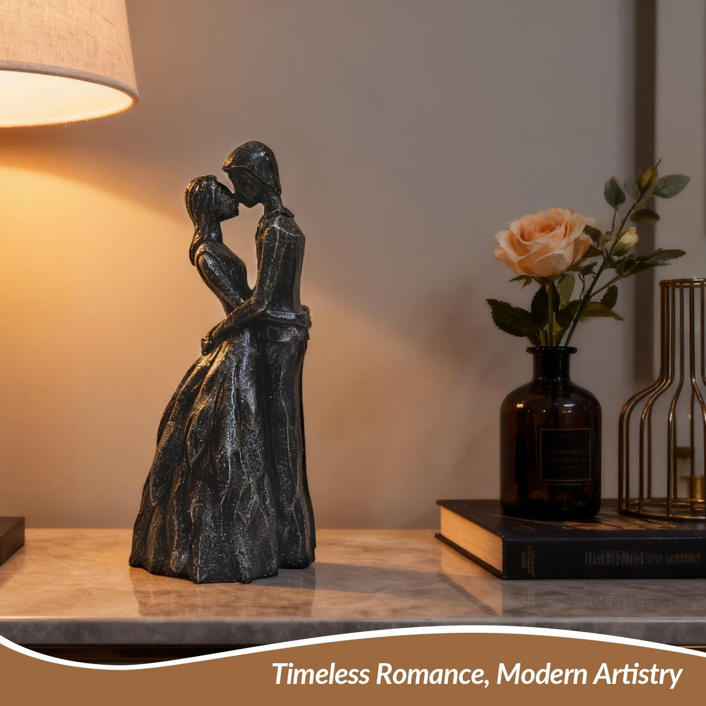GZVDYG Black Couple Embracing Resin Figurine, 7.9" H, Romantic Gifts for Him & Her, Faux Black Wrought Iron Finish, Engagement Anniversary Wedding Keepsake Home Decor