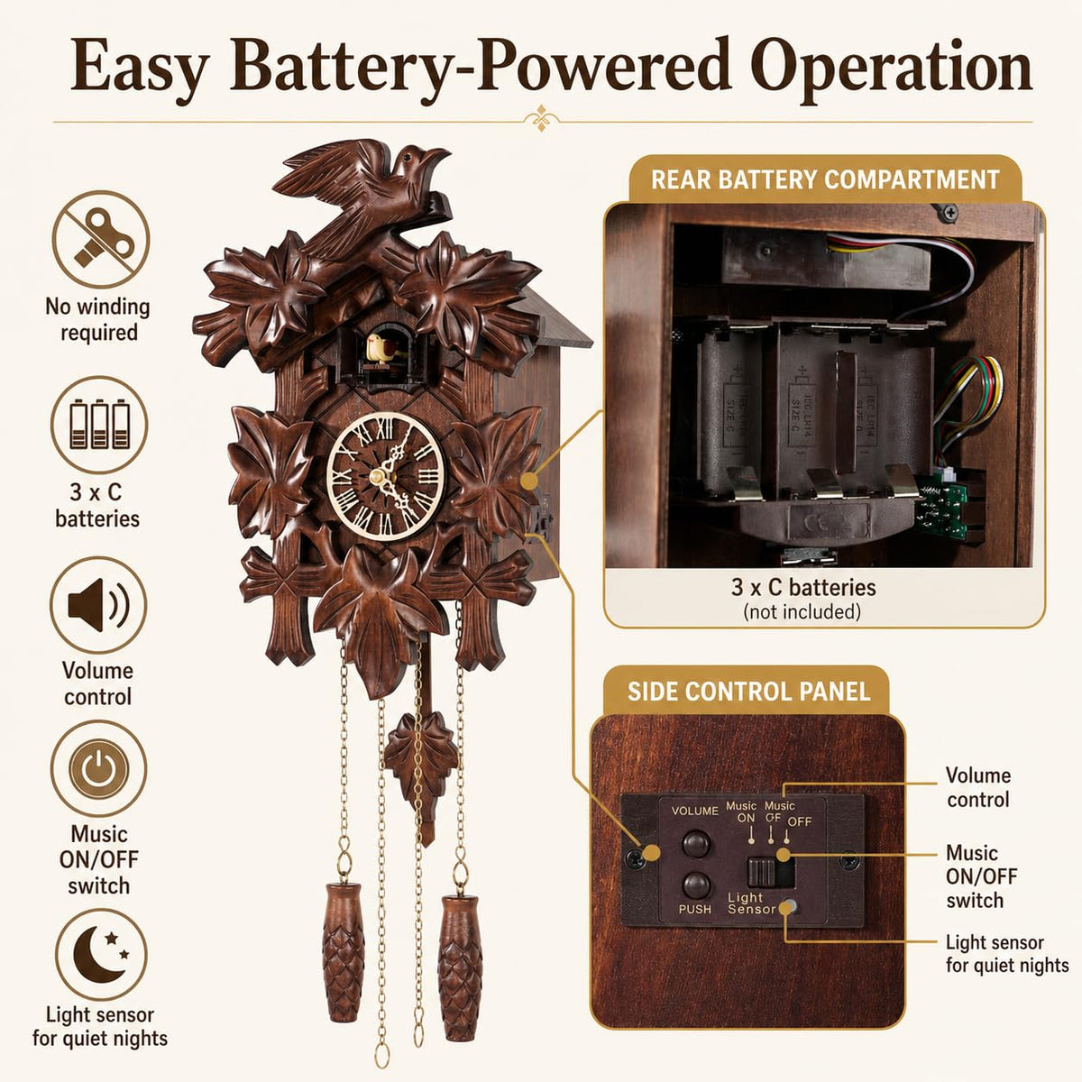 Cuckoopro Cuckoo Clock, Black Forest Style Wooden Pendulum Quartz Wall Clock, Volume Control, Night Silent, Gift Package, Professional Service