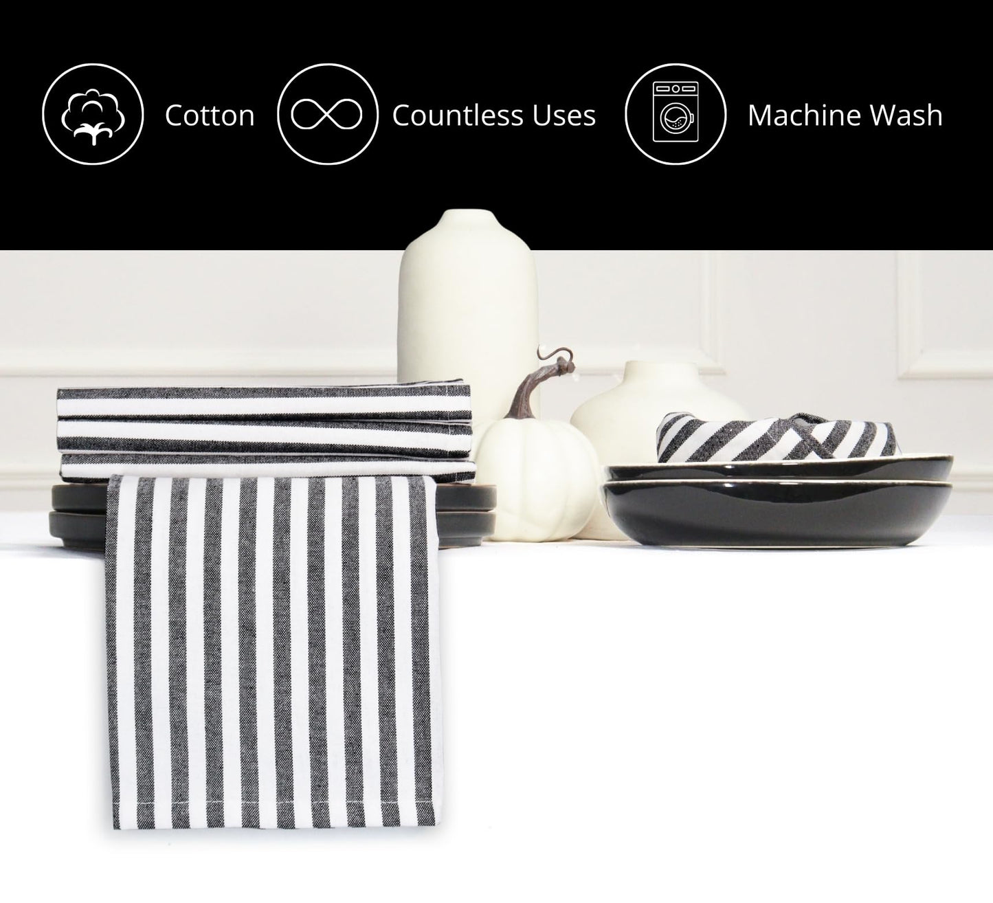 PurpleEssences Plain Striped Cloth Napkins - Set of 12-100% Cotton - 18 x 18 Inch - Fall Thanksgiving Halloween - Perfect Everyday Use Dinner Napkin - Black and White