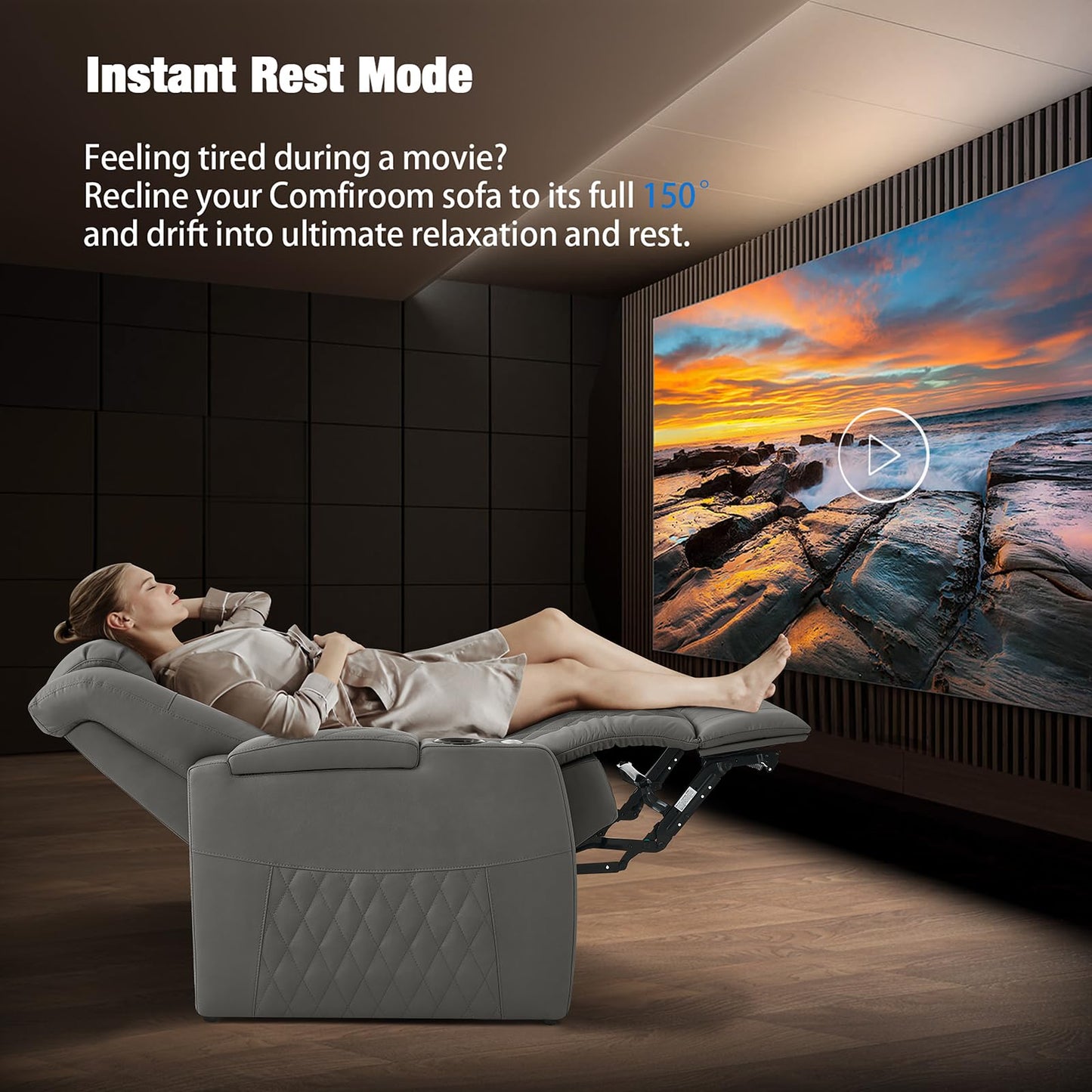 comfiroom Leather Home Theater Seating, Classic Series Dual Power Electric Headrest Game Seats Movie Theater Chairs Recliner Sofa with Type-C USB Charger (Grey, Row of 3)