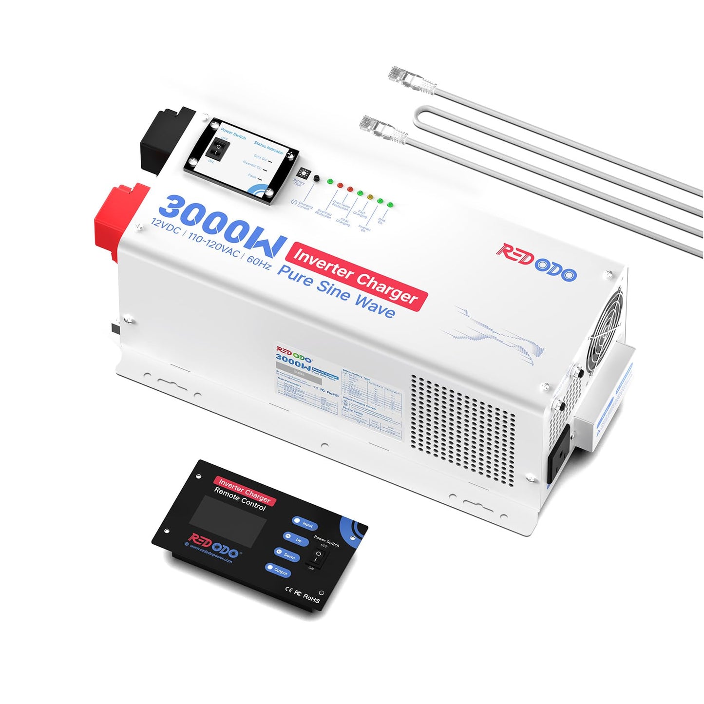 Redodo 3000W Pure Sine Wave Inverter Charger 12V DC to 120V AC Surge 9000W with Remote Control for Off-Grid, RV, Home Backup, Compatible with Lithium & Various Batteries