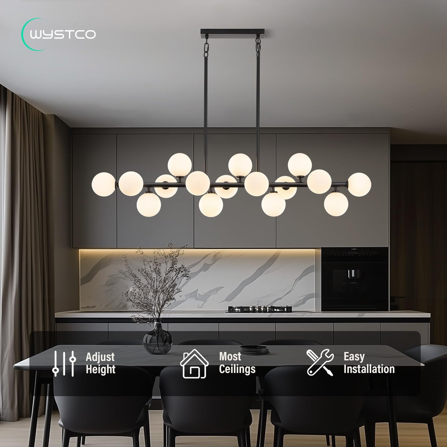 Wystco 56 Inch Black Linear Chandeliers for Dining Room, Kitchen Island, Living Room, 16-Light Mid Century Modern Light Fixture Over Table, Large Milk White Glass Globe Sputnik Bubble Chandelier