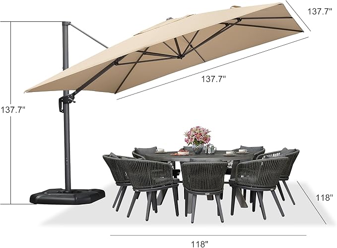 PURPLE LEAF 11.5' X 11.5' Telescopic Patio Umbrella with Base Included Lifting Cantilever Offset Square Large Umbrella for Pool Outdoor Patio Deck Garden Beige
