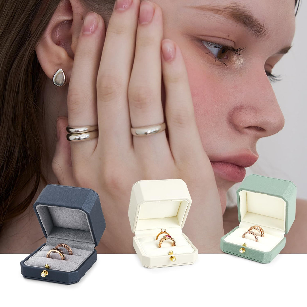 Oirlv Premium Leather Double Ring Box for Wedding Ceremony Engagement Ring Bearer Couple Jewelry Gift Box(White,Double)