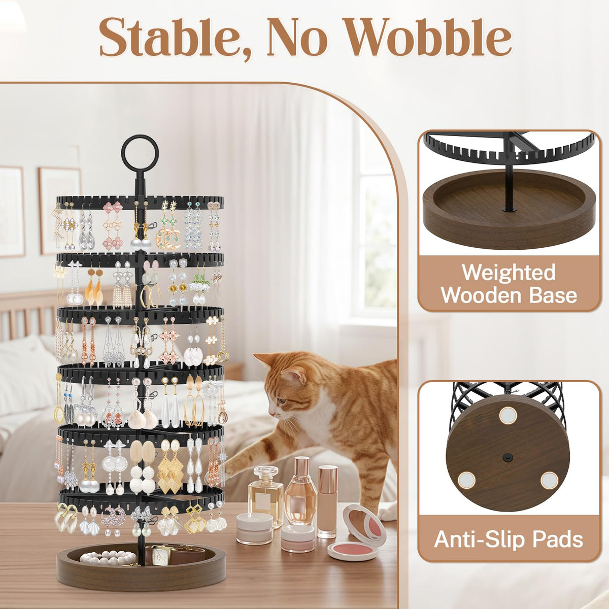 iDavosic.ly 6 Tier Rotating Earring Holder Organizer with Wooden Tray, Large Dangle Display Stands Tree with 342 Plastic Grooves, Adjustable Hoop Storage Rack, Space Saving Tower, Black & Brown